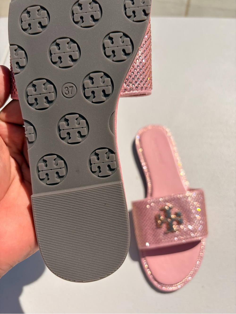 Tory Burch Rose Pink Logo Slide Sandals with Sparkle Strap - Picture 3 of 4